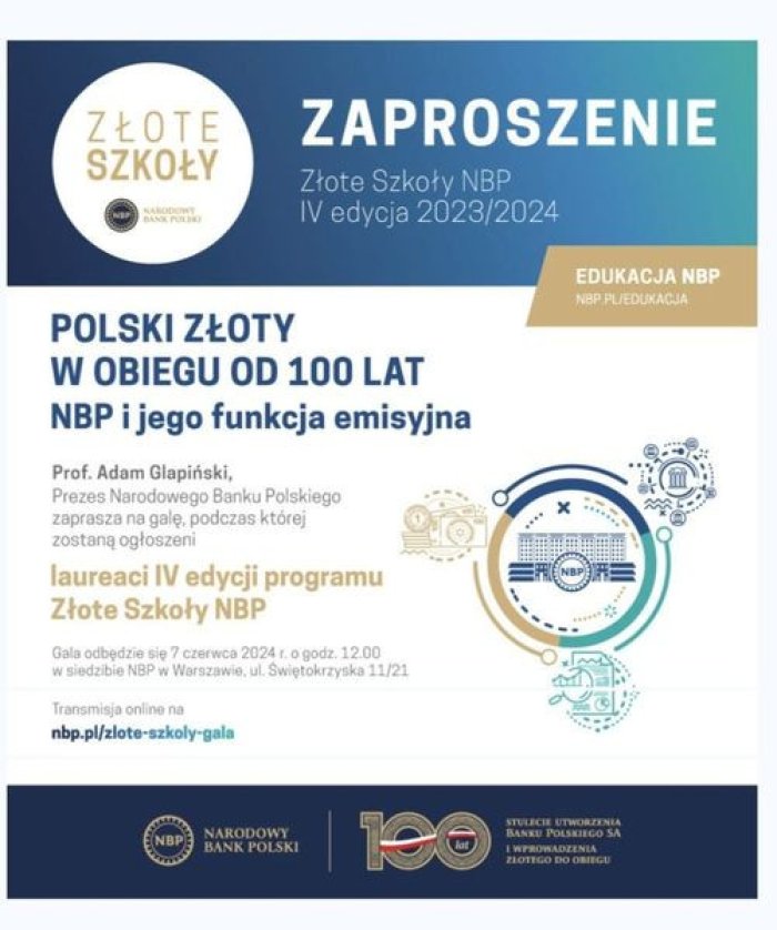 Serdecznie zapraszamy wszystkich do obejrzenia transmisji online z Gali Laureatów 4 edycji ogólnopolskiego programu ZŁOTE SZKOŁY NBP, która odbędzie się 7 czerwca o godzinie 12.00.
Oglądajcie i trzymajcie mocno kciuki za naszą DRUŻYNĘ !!!