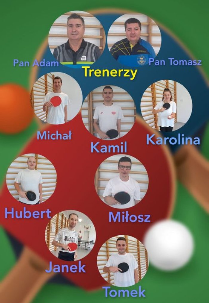 Trenerzy tenisa stołowego pan Adam i Pan Tomasz wrtaz z uczestnikami: Karoliną, Tomkiem, Kamile, Miloszem , Hubertem, Jankiem i Michałem.   