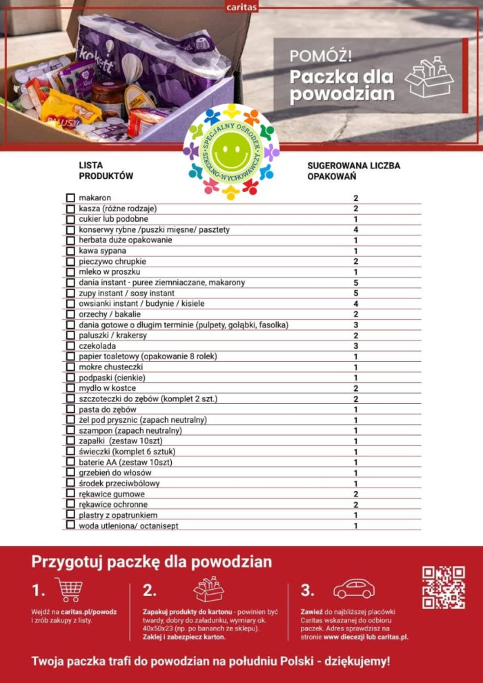 Przygotuj paczkę dla powodzian. Wejdź na caritas.pl/powódź i zrób zakupy z listy. Zapakuj produkty do kartonu-powinien być twardy, dobry do załadunku, wymiary 40x50x23 na przykład po bananach ze sklepu. Zaklej i zabezpiecz karton. zawieź do najbliższej placówki Caritas wskazanej do odbioru paczek. Adres sprawdzisz na stronie www.diecezji lub caritas.pl