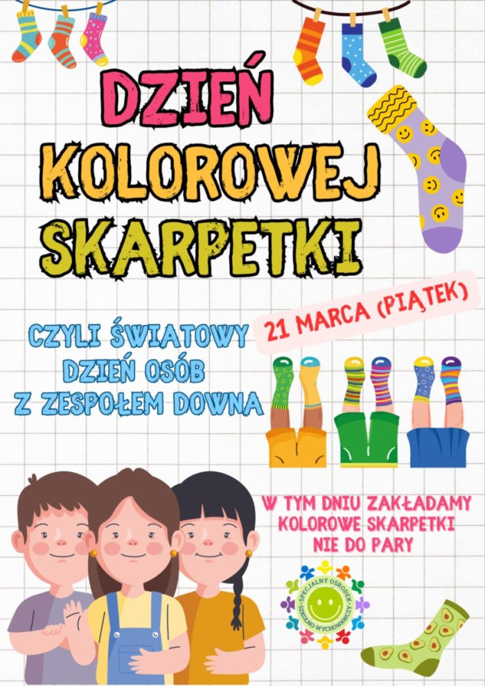 Dzień Kolorowej Skarpetki czyli Światowy Dzień Osób z Zespołem Downa.
21 marca  2025 r. W tym dniu zakładamy kolorowe skarpetki nie do pary.