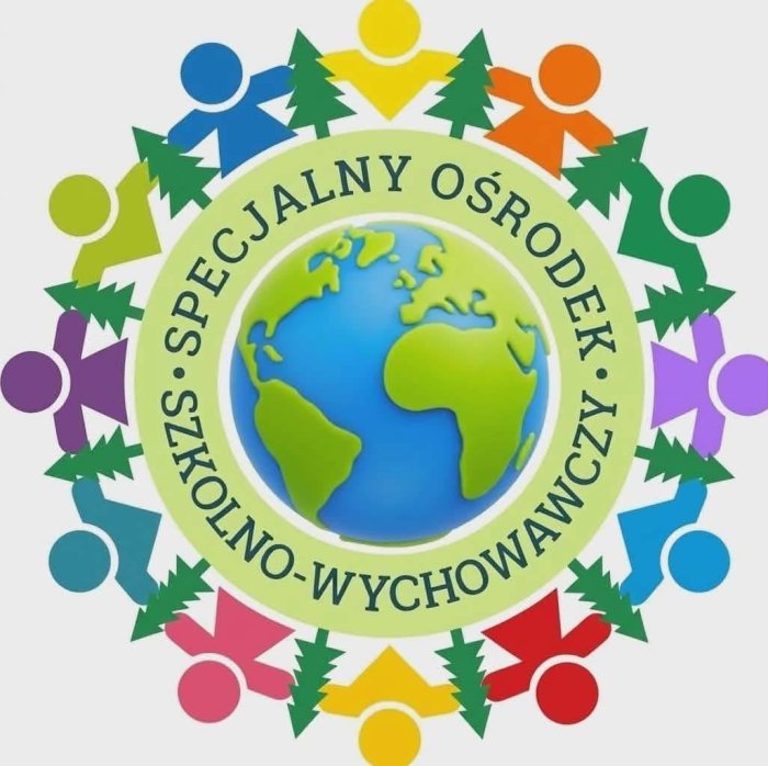 Logo szkoły przedstawiające planet Ziemię w otoczeniu drzew i kolorowych postaci dzieci.