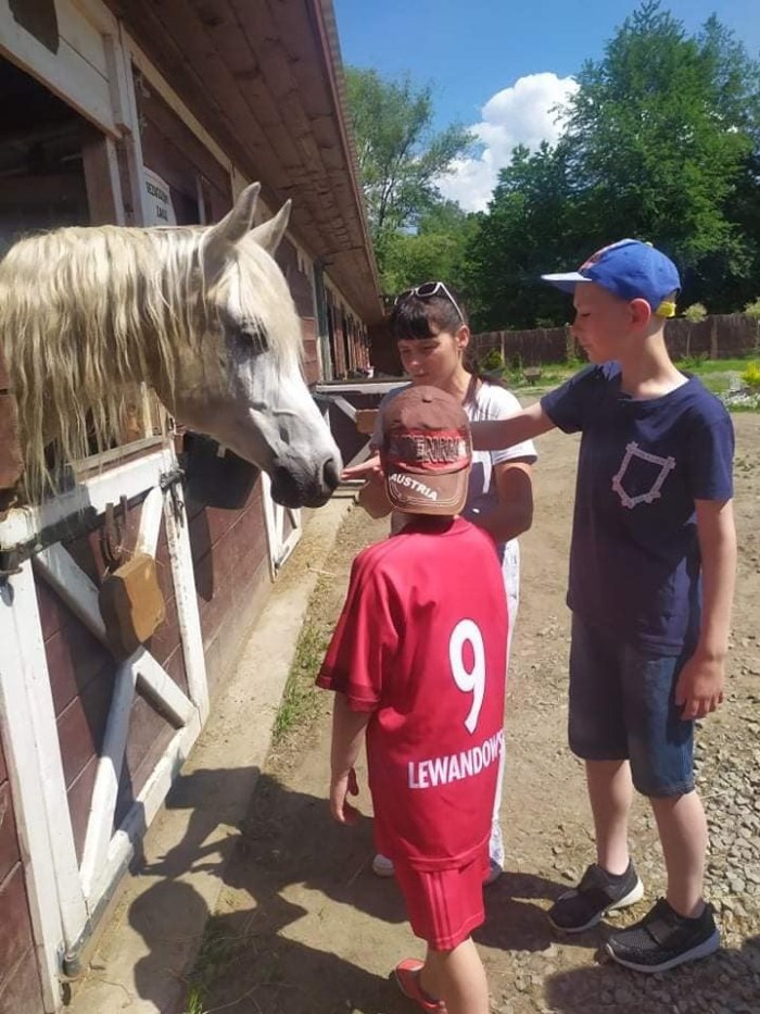 Uczniowie karmią z Terapeutką konia. 
