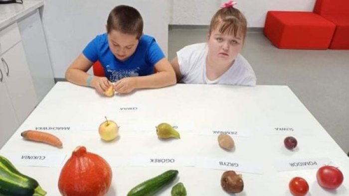 Uczniowie rozpoznają i etykietują warzywa.