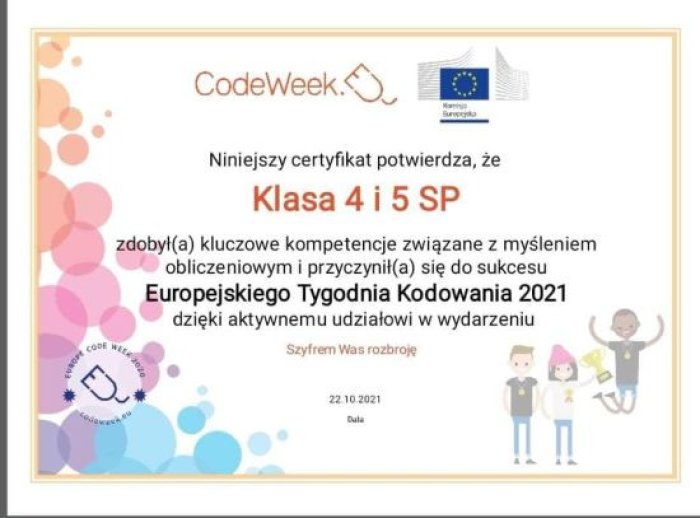 Certyfikat dla uczniów klas 4 i 5 Szkoły podstawowej.
