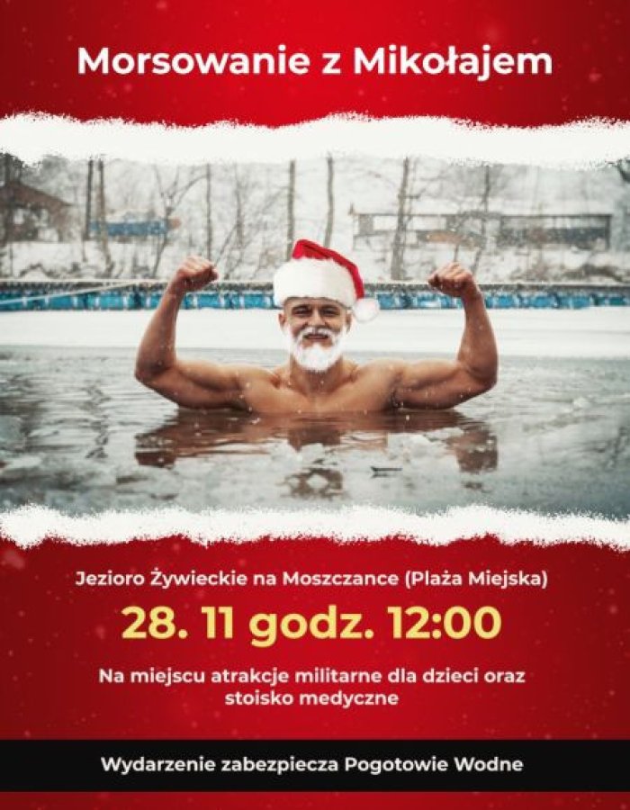 Mikołaj morsuje zimą w jeziorze pokrytym lodem.