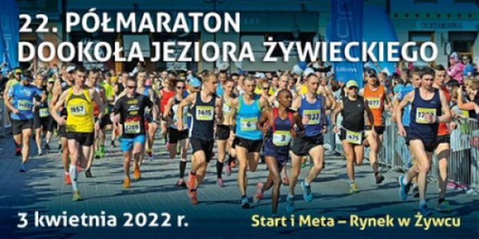 22 Półmaraton dookoła jeziora żywieckiego, 3 kwietnia 2022 r. Start i meta Rynek w Żywcu.